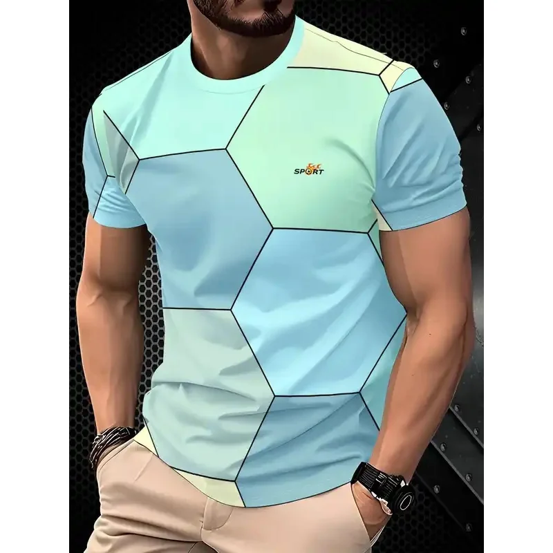 Men's Light Blue Hexagonal Geometric Printed Crew Neck T-Shirt Summer Casual Short Sleeve Slim Fit Daily Wear
