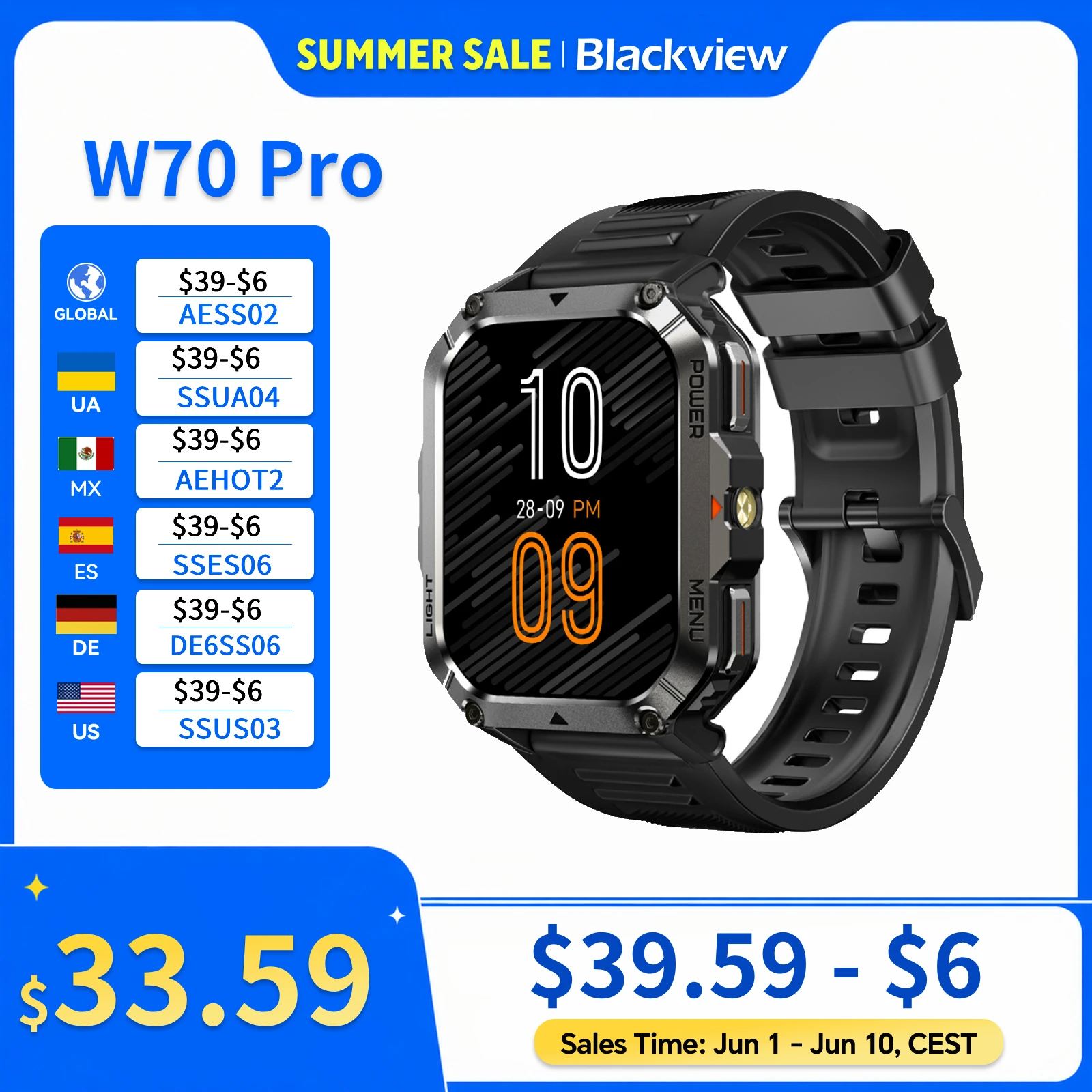 Blackview W70 Pro Sports Fitness Smart Watch 2.01 Screen Bluetooth Talking Watch LED Flashlight Outdoor Smart Watch With Compass