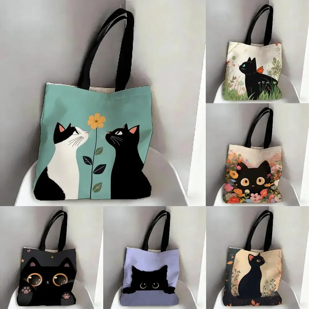 Shopping Bags Canvas Printing Cute Little Black Cat Double Sided Print Fashion Shoulder Tote Gift Eco Handbags