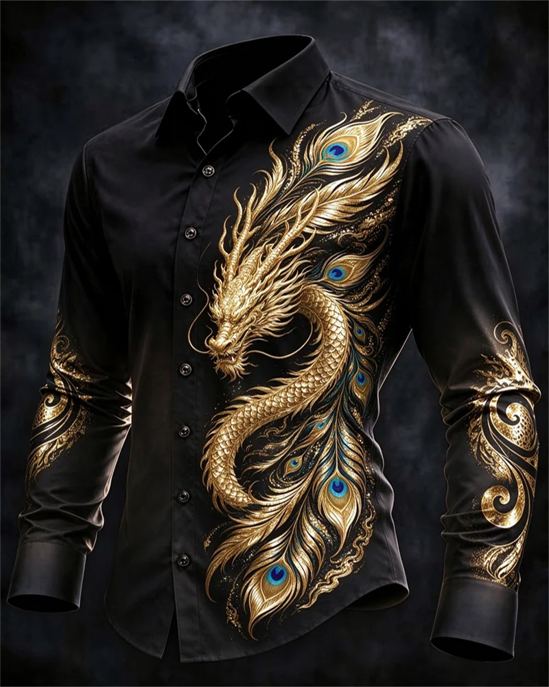 New men's shirt in dark green, gold satin, gold peacock feather, blue eye feather print, slim fit trendy men's shirt
