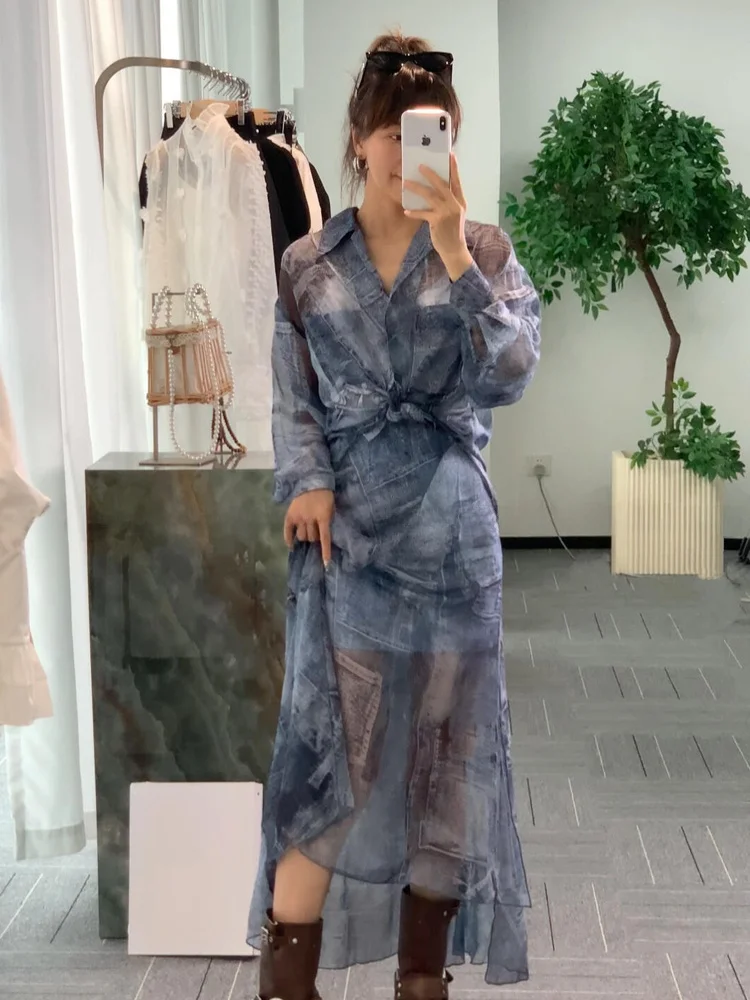 

Faionable Retro High Waist Midi Skirt Women's Asymmetrical Denim Print Chiffon Skirt Autumn New Arrival Commute Simple Sle