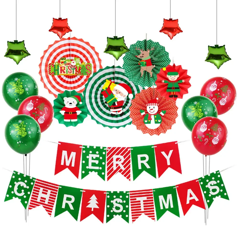 

Kreatwow Christmas Party Decoration Merry Christmas Banner Red Green Paper Fan Set Printed balloon for Xmas Layout Supplies