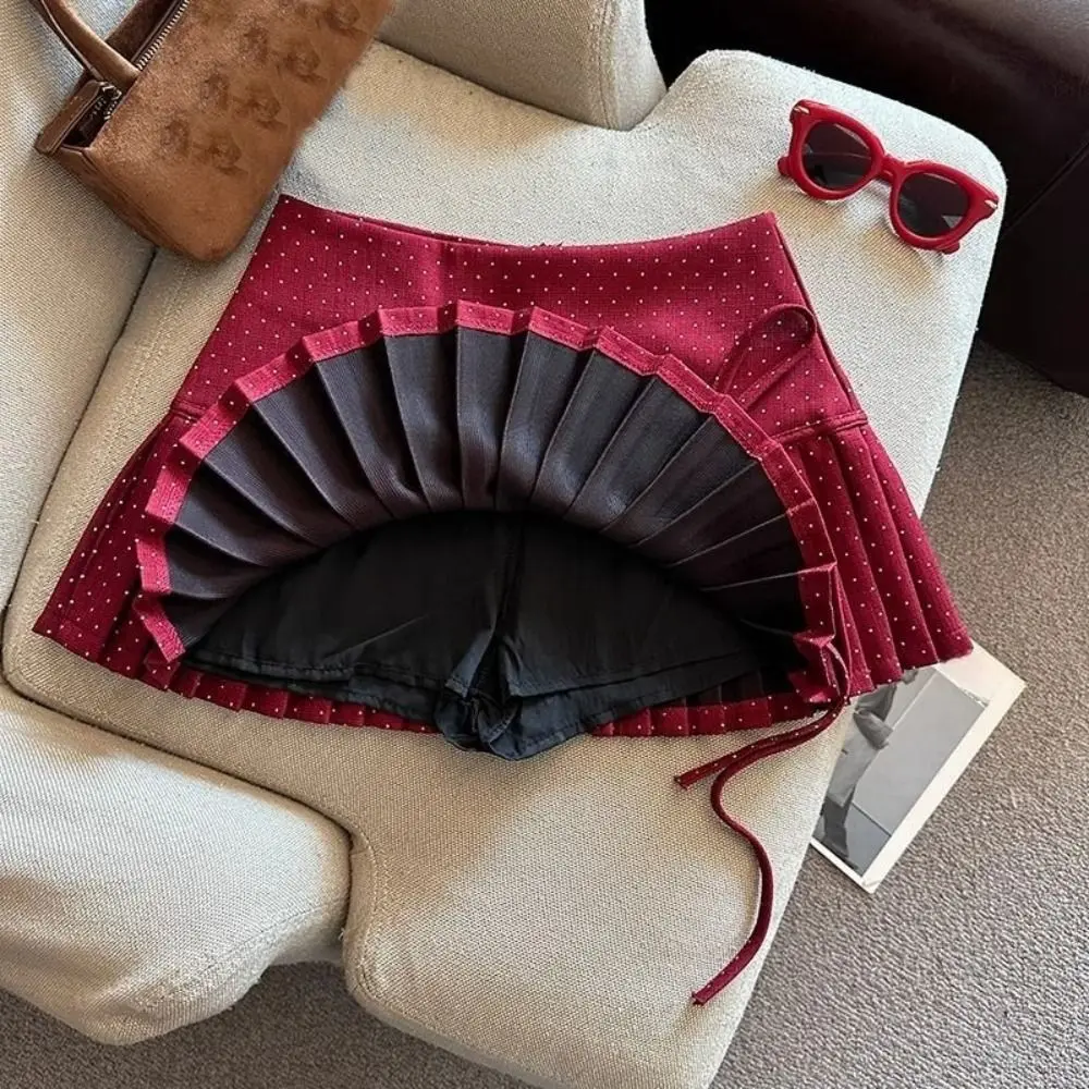 Zoete Zoete Geplooide Rokken voor Vrouwen Preppy Stijl Hoge Taille Dot Mini Rok met Veiligheidsbroek Strik A-lijn Korte Rokken Dames