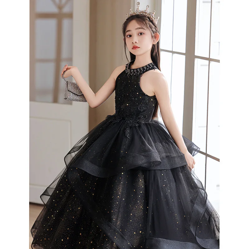 Flower Girl Wedding Party Dresses New 2025 Black Girls Summer Dress Long Birthday Sleeveless Tutu Performance Gowns Customized
