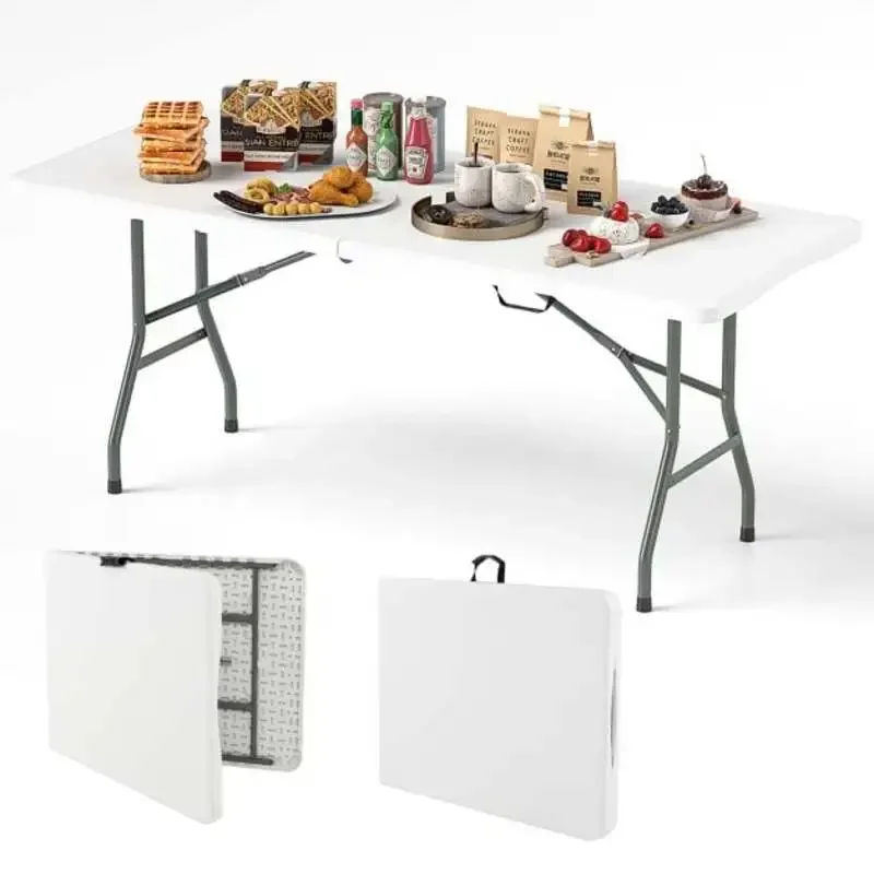 

6 ft Portable Folding Table 350 LBS Fold-in-Half Table with HDPE Tabletop-White