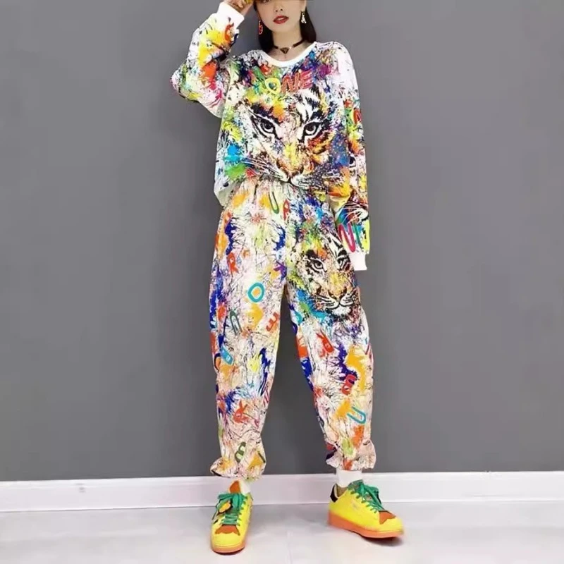 Fashion Brand 2024 Autumn New Popular Suit Cartoon Tiger Head Printing Loose Casual Sports Two-piece Outfits For Women's Clothes