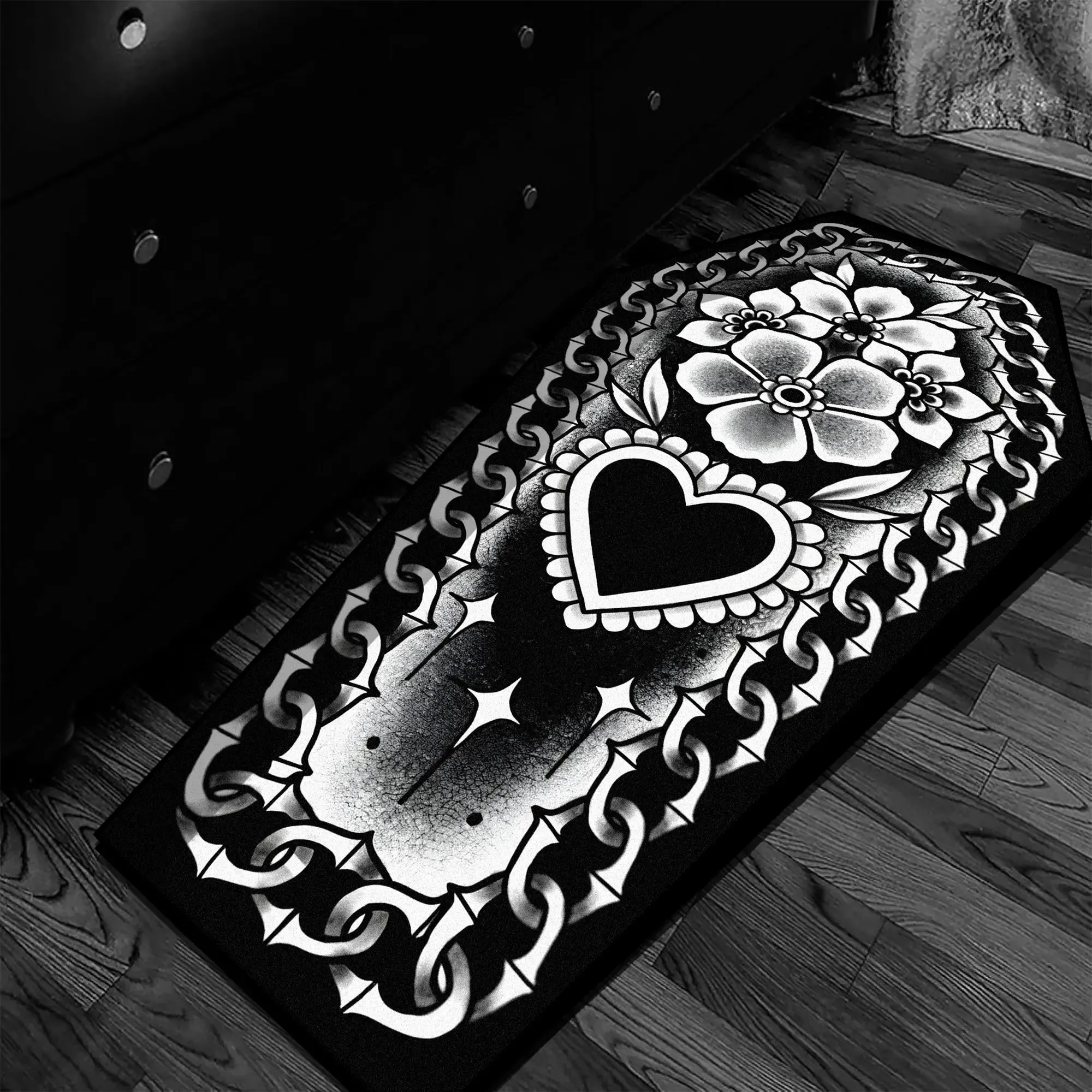 VIKAMA Gothic Coffin Shaped Runner Rug Skull Cross Moon Floral Print Non‑Slip Floor Mat for Halloween Spooky Bedroom Home Decor