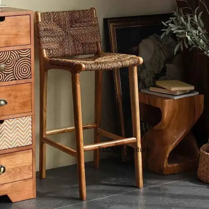 

Chairs Home Rattan Nordic Solid Wood Bar Kitchen Island Dining Chair High Stool Designer Retro Back Stool European Bar Furniture