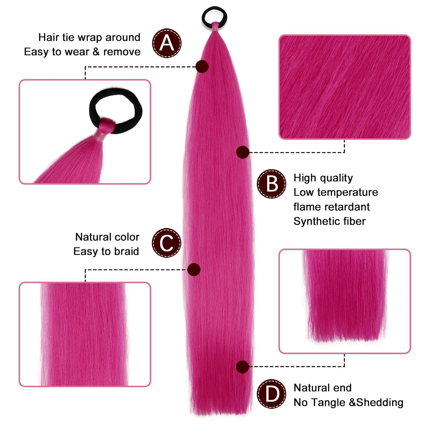 Braid Ponytail Extension Elastic Tie Long Ponytail 26Inch 2Pack Pink Hair Extensions Sleek Wrap Around Straight Synthetic