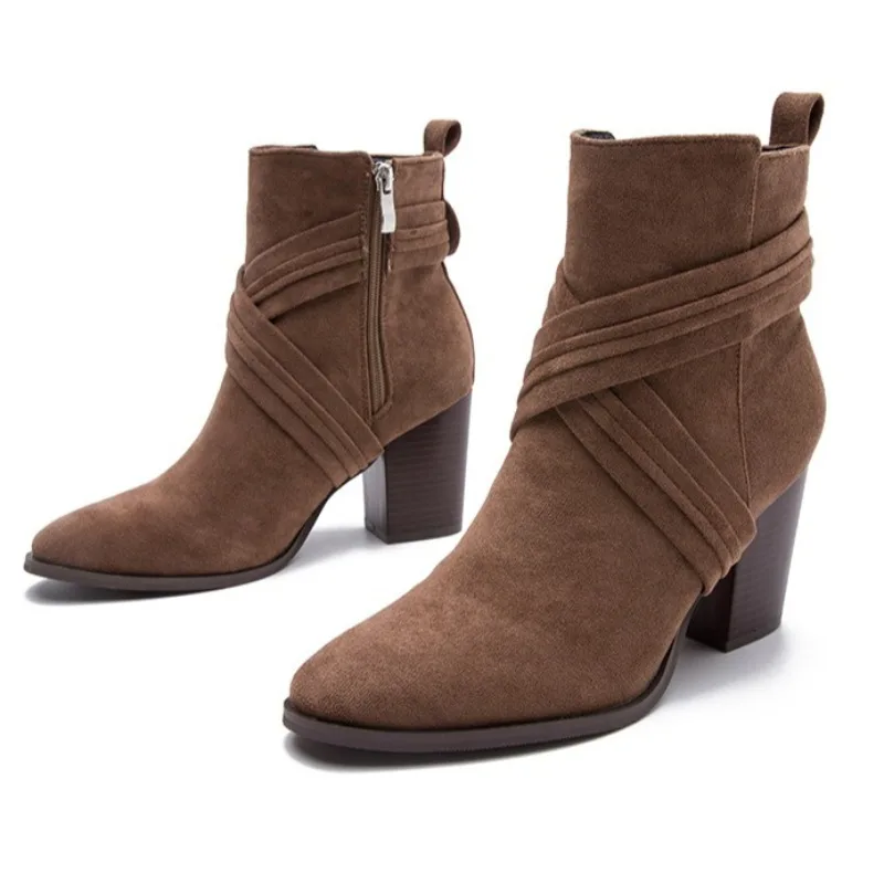 

Autumn Winter Retro Brown Suede Boots Women Fashion Cross Tied Side Zipper Decorate Ankle Boots Cozy Large Size Chunky Heel Boot