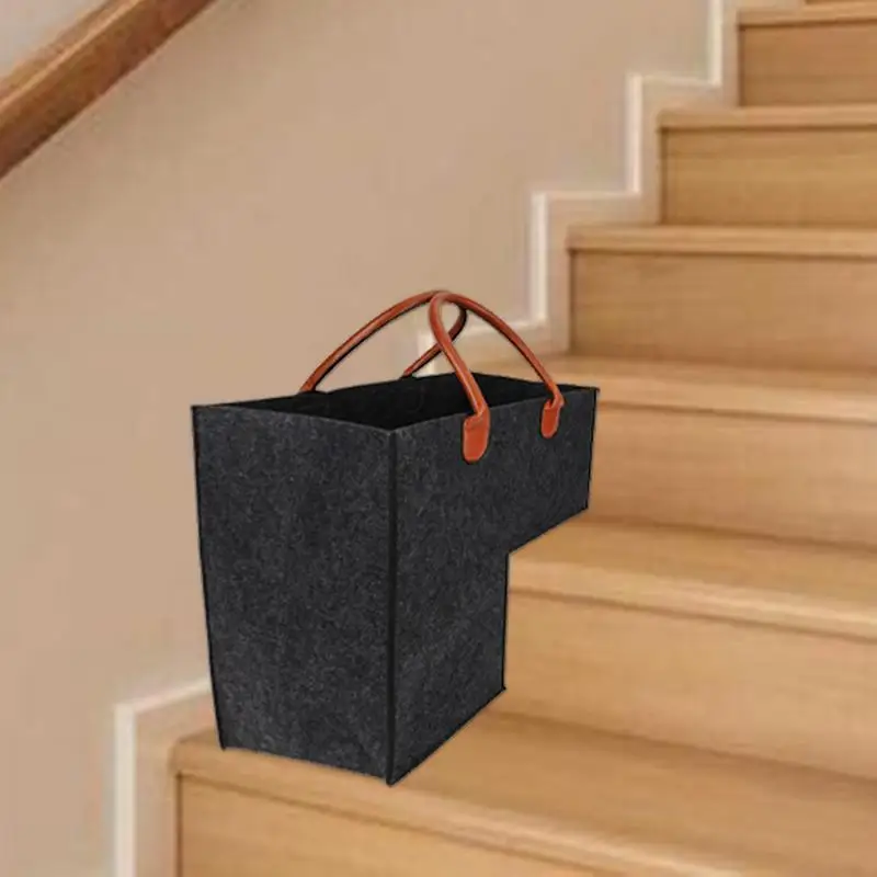 L Stair Basket with Leather Handles Felt Large Capacity Stair Step Bin Space Saving Staircase Storage Organizer Home Toys Tools