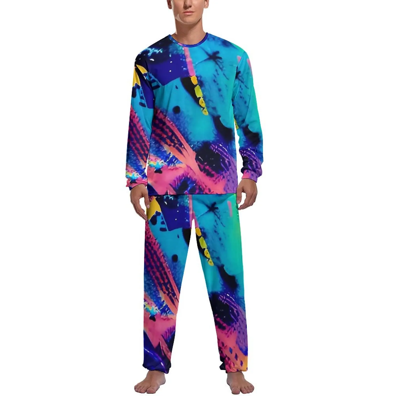 

Vibrant Brush Print Pajamas Daily 2 Pieces Abstract Art Kawaii Pajama Sets Men Long Sleeve Night Graphic Home Suit