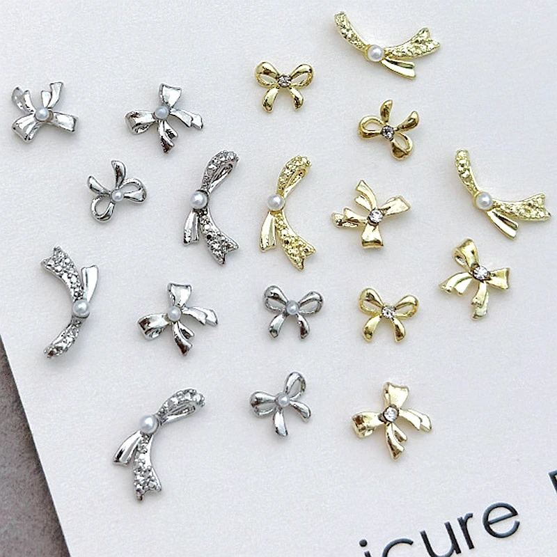 

10PCS Silver Gold Metal 3D Nail Art Bow Charms Pearl Rhinestone Accessories For Manicure Decor Nails Decoration Design Supplies