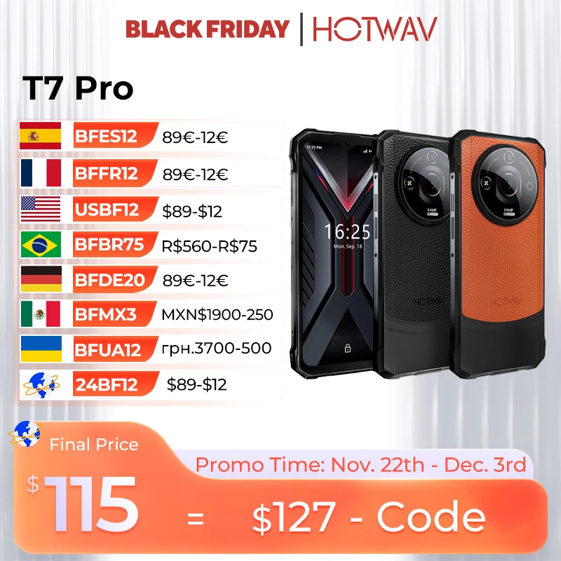 HOTWAV T7 Pro Ultra Thin Rugged Cellphone 6.6'' FHD+ 2K Display Smartphone 12(6+6)GB 256GB 6280mAh Battery 64MP Mobile Phone