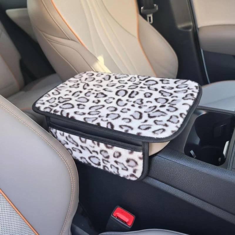 Plush Leopard Pattern Car Armrest Cushion Thick Non-Slip Driver Seat Elbow Pad for Comfort Support