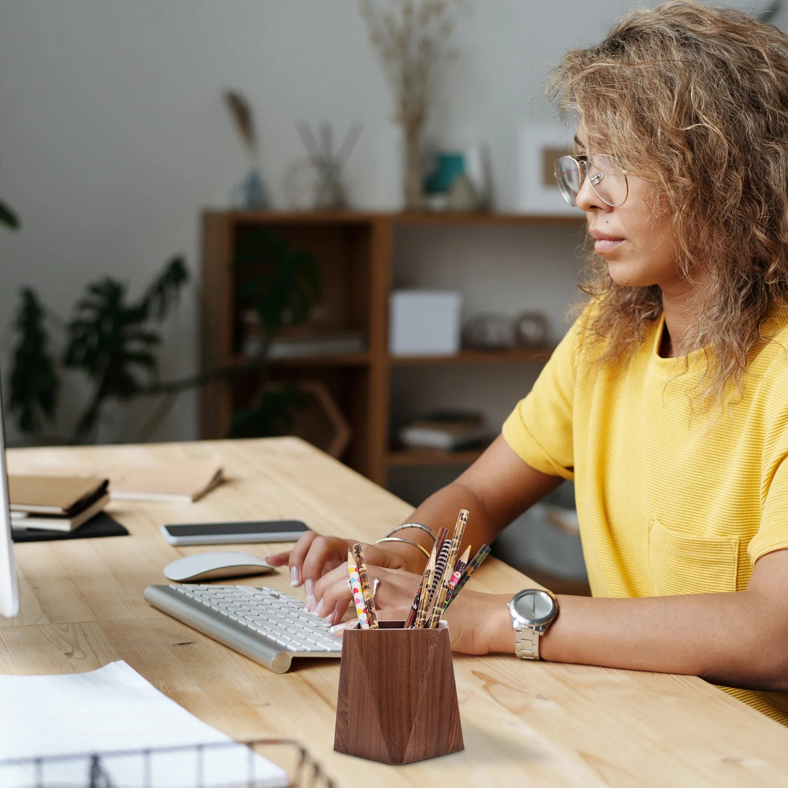 

1pc Wooden Pen Holder Smooth Desktop Organizer Storage Basket For Home Office Stationery Decor Pen Container Desk