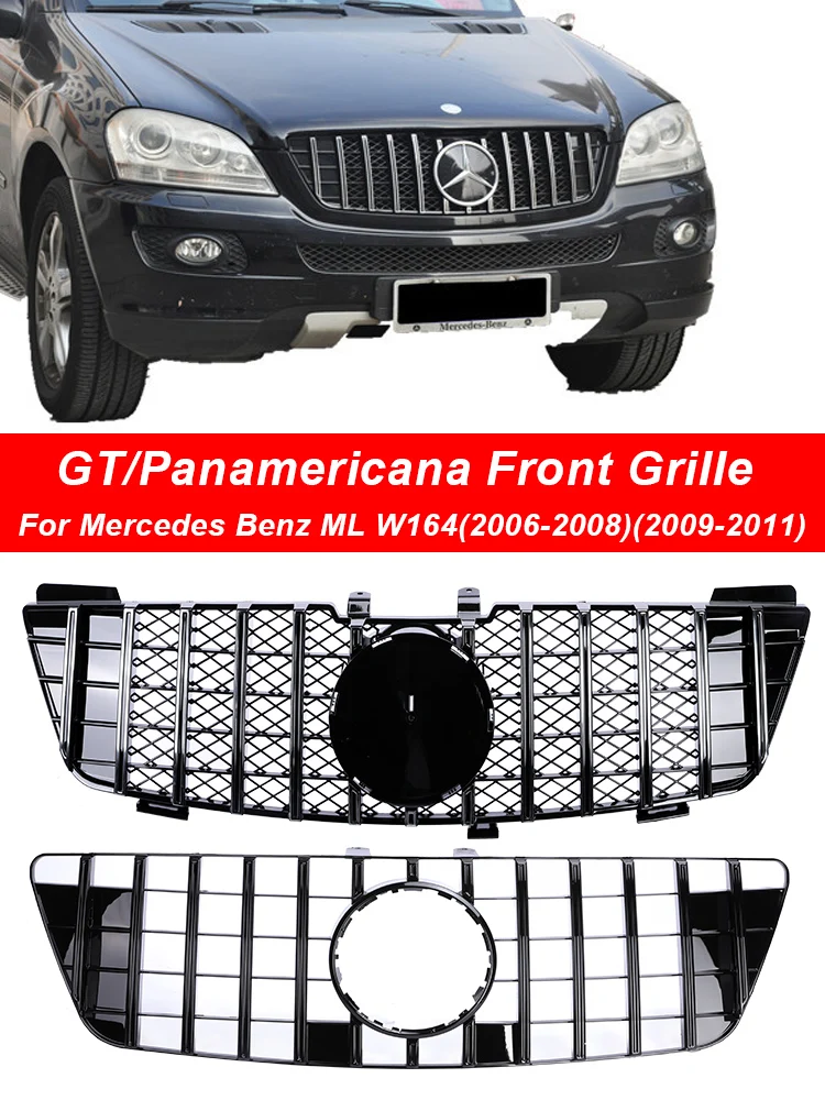 

For Mercedes Benz ML Class W164 Front Bumper Panamericana Black Chrome GT Grill Style 350 400 500 Grille 2006-2008 2009-2011