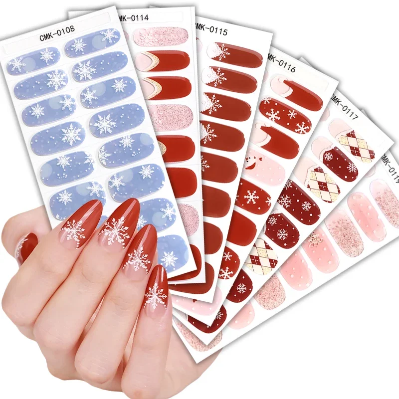 16Tips Christmas French Gel Nail Stickers Adhesive Baking-Free Glitter Snowflake Polka Gel Nail Strips DIY Manicure Decor