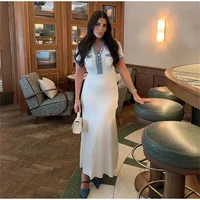 Elegant Contrasting Women Knit Maxi Dress Chic O-neck Short Sleeve Metal Buttons Bodycon Dresses Office Lady Commuting Robe - Image 2