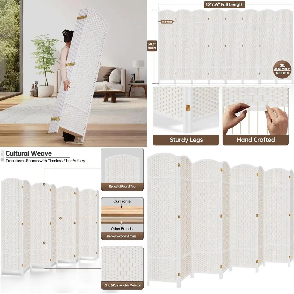 Pantalla de Privacidad Alta de 8 Paneles, 19.5 de Ancho, 360 ° Separador de ambientes giratorio de madera y caña tejido a mano