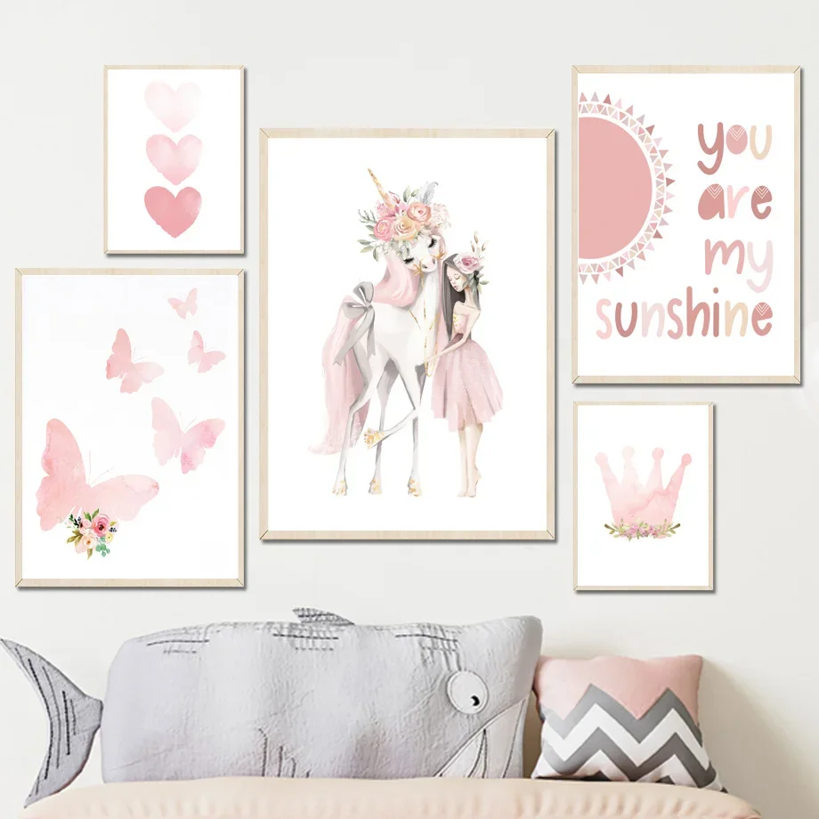 1pc frameless Pink Kawaii Crown Girls Swan Unicorn Custom Made Wall Art Canvas Painting Nordic Posters And Prints Wall Picture B