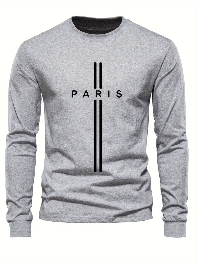 PARIS Letter Print Men's T-shirt Spring And Autumn Casual Simple And Comfortable Round Neck Long Sleeved Sport T-shirt Male Tops