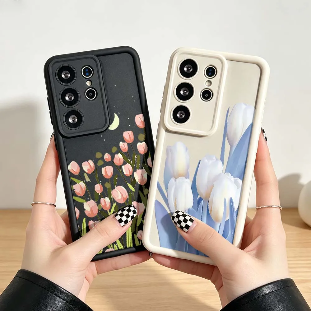 Cartoon Pink Tulips For Samsung Galaxy S26 S25 S24 S23 S22 S21 S20 Ultra Plus FE 5G Eye Ladder Phone Case Cover