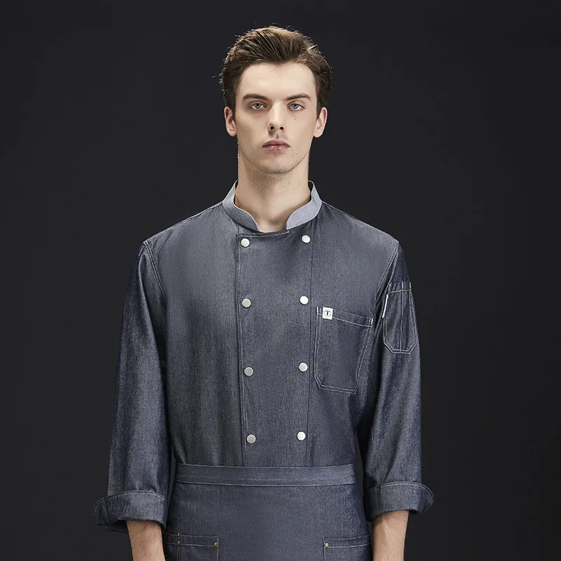 

Рабочая одежда для поваров, мужская, осенне-зимняя, из искусственного денима, с длинными рукавами, подходит для кейтеринга, барбекю, западных ресторанов, кухонь.