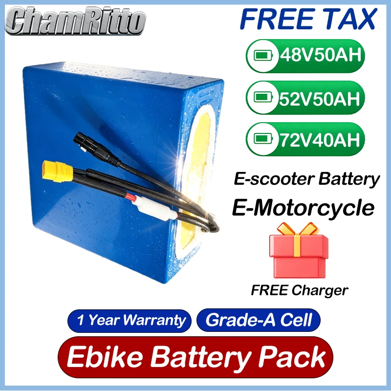 

Аккумулятор для электровелосипеда/электроскутера 48В 52В 30Ач 50Ач 60В 72В, 25Ач 35Ач 40Ач 45Ач, 21700, 1500Вт, литиевый