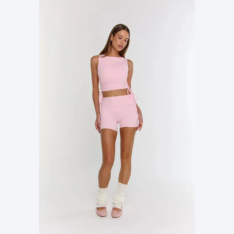 Summer Solid Color Short Sports Fitness Set for Women Sexy Simple Design Comfortable Feeling Active Wear Outfit