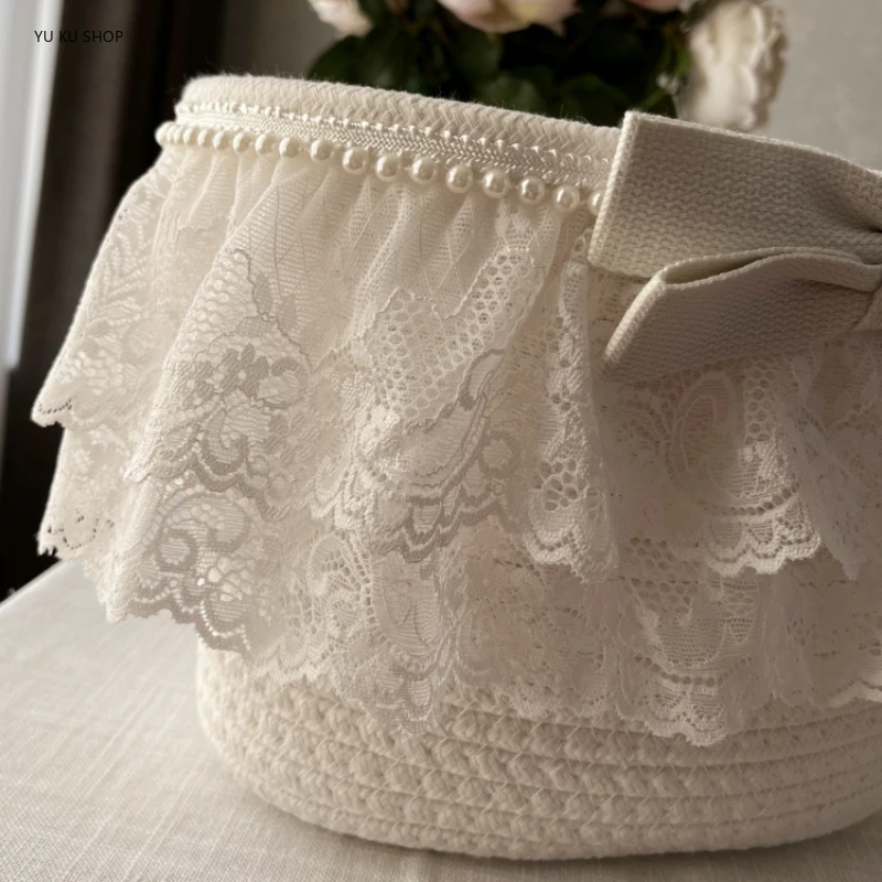 Korean Lace Storage Basket Household Cotton Organizer Box Desktop Clutter Basket Clutter Box Kitchen Items Toy Box Woven Basket