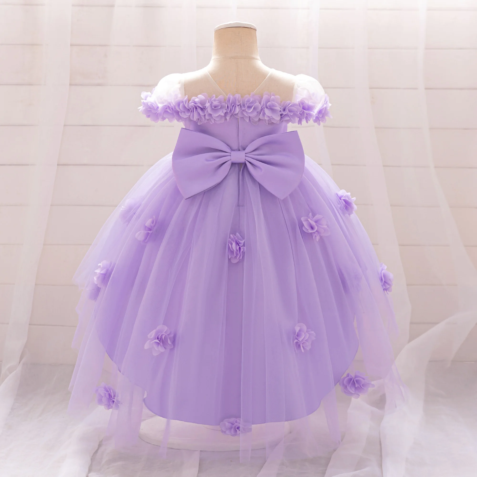 Summer Flower Party Baby Girls Dress Elegant Tailed Tulle 1st Birthday Wedding Princess Dress Bow Baptism Bridemaid Kids Clothes