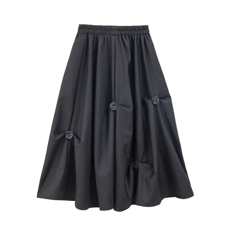 Damska spódnica midi w kwiaty 3D z wysokim stanem, w kształcie litery A, asymetryczna, plisowana, rozkloszowana, w stylu koreańskim, na wiosnę i jesień.