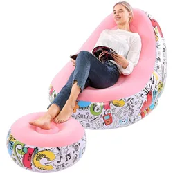 Inflatable Lounge Chair With Ottoman Blow Up Chaise Lazy Sofa Set Pvc Flocked Couch Portable Seats Deck Chair Soft Comfortable