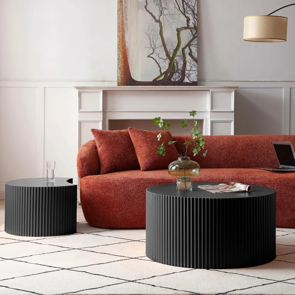 طاولات قهوة عصرية مستديرة، مجموعة خشبية فريدة من نوعها مكونة من قطعتين للمساحات الصغيرة، مثالية لغرف المعيشة - أسود #3