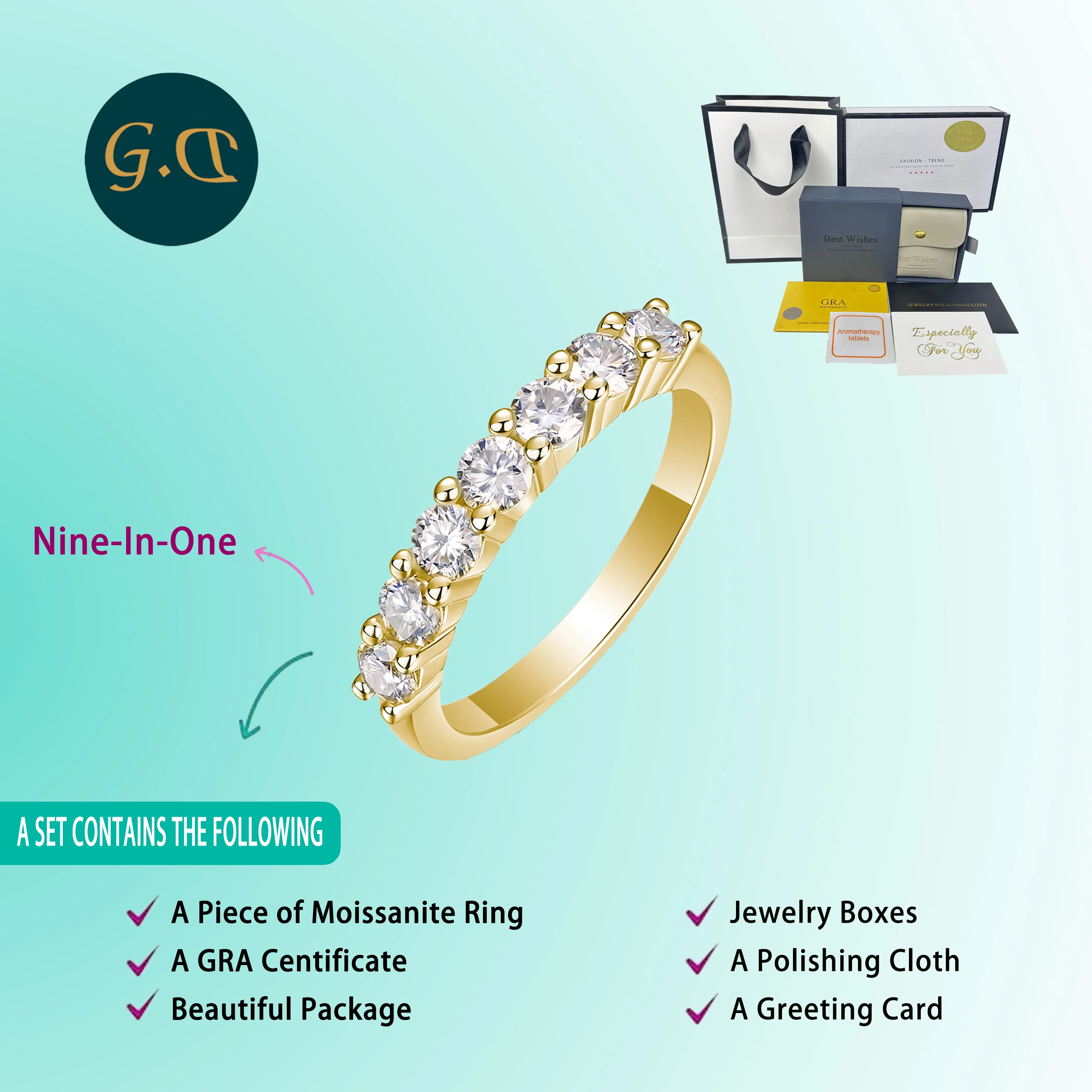 3mm 0.7cttw 7-Stone Moissanite Band Ring - S925 Sterling Silver Gold-Plated, Elegant Eternity Style with Sparkling Stones