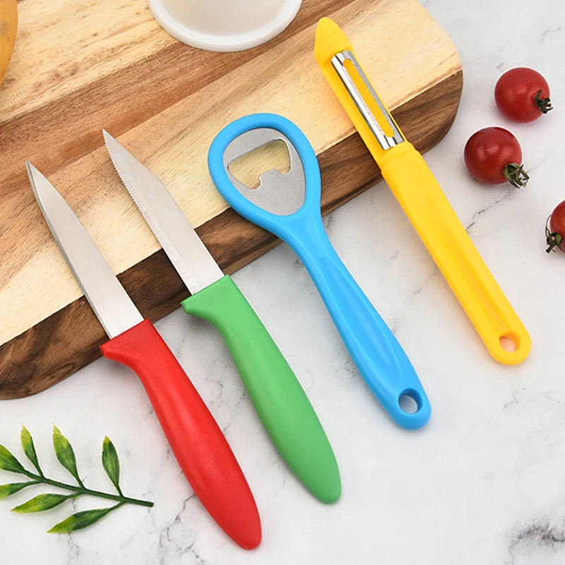 

5pcs Multifunctional Kitchen Gadget Set,With Storage Rack+Bottle Opener+2pcs Fruit Paring Knife+Melon Planer