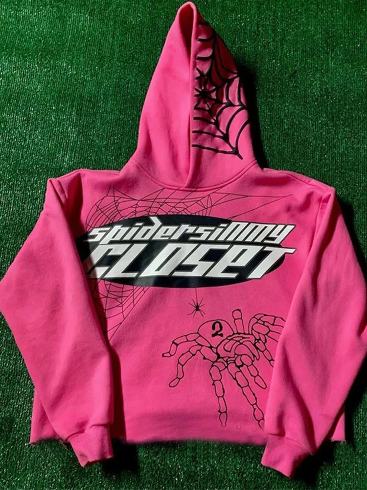 Pink Hoodie Spider Web Printed Extra Large Long sleeved Hoodie Harajuku Hip Hop Fashion Sweatshirt Pullover Y2k Clothing