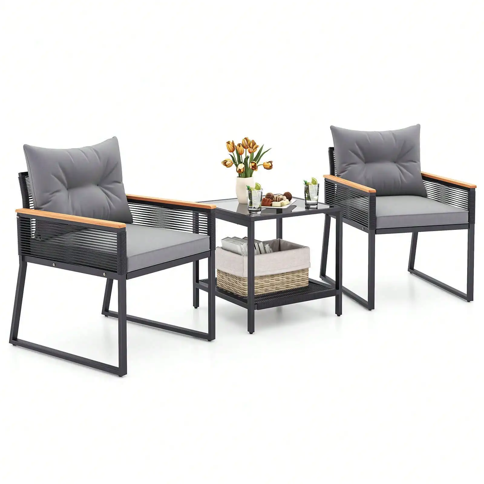 

3 PCS Outdoor Conversation Set w/ 2-Layer Side Table Acacia Armrests