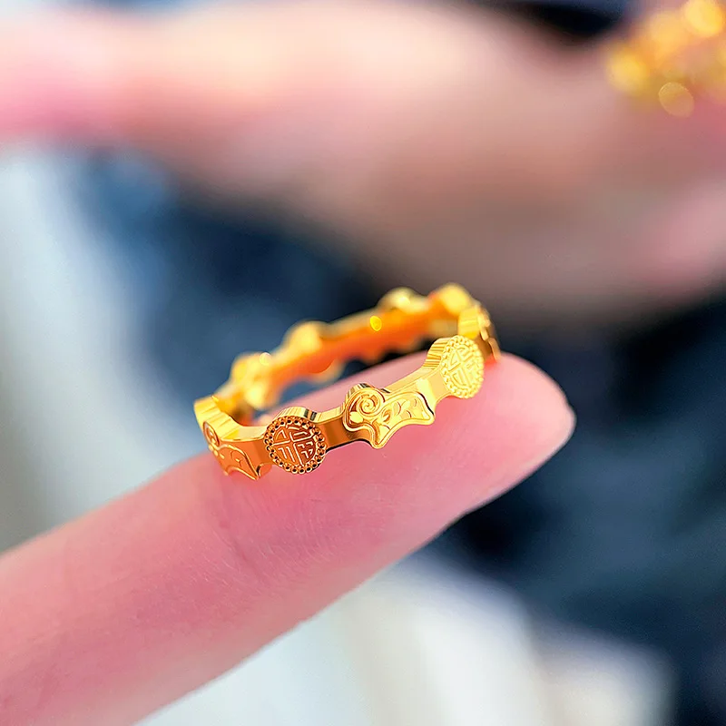 Luxury 9999 24K Real Gold Natal Lamb Zodiac Ring Ring Light Luxury Cnc Mirror Blessing Word Broken Ice Ice Sheep Ring