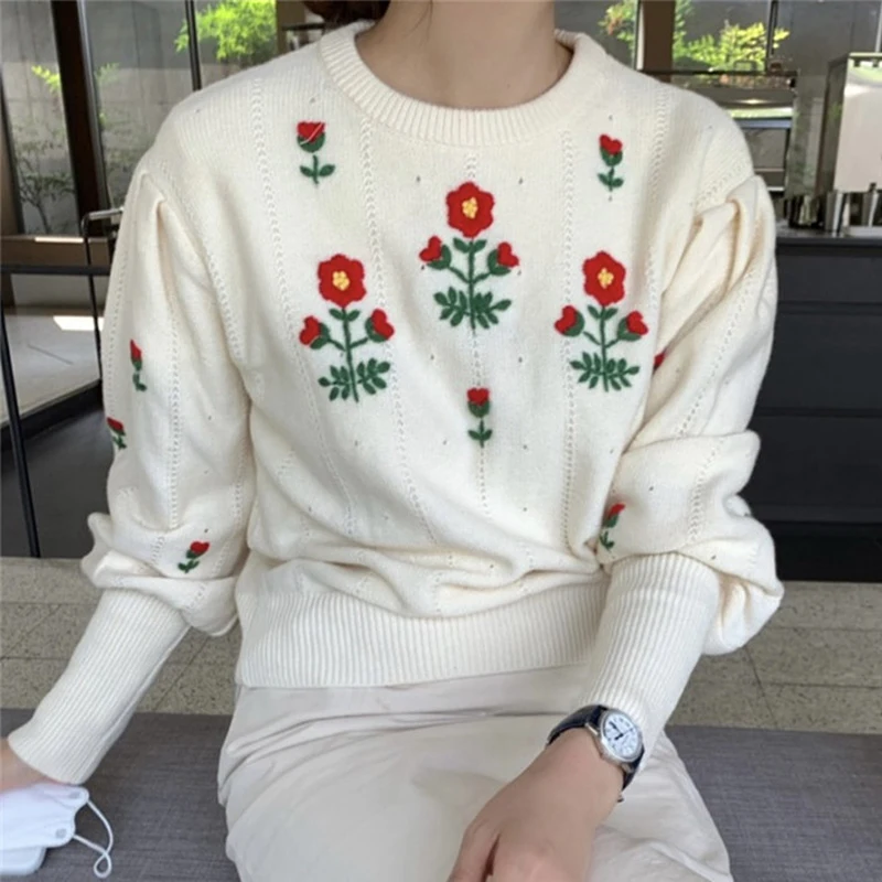 Vintage O Neck Embroidered Flowers Sweet Pullover Sweaters Simple Puff Sleeve Loose Casual Knit Tops Korean Style Sueter Mujer