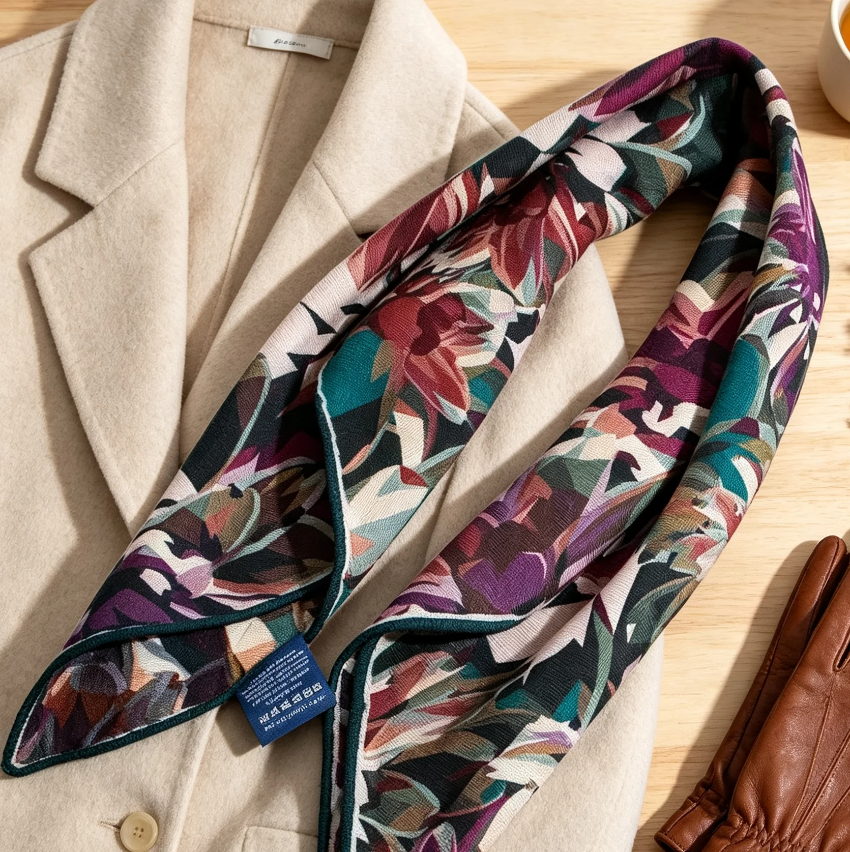 Handmade Curled Vintage Abstract Flower Double-sided Printing, Women's Luxurious Square Scarf, Headscarf, Headband, Shawl