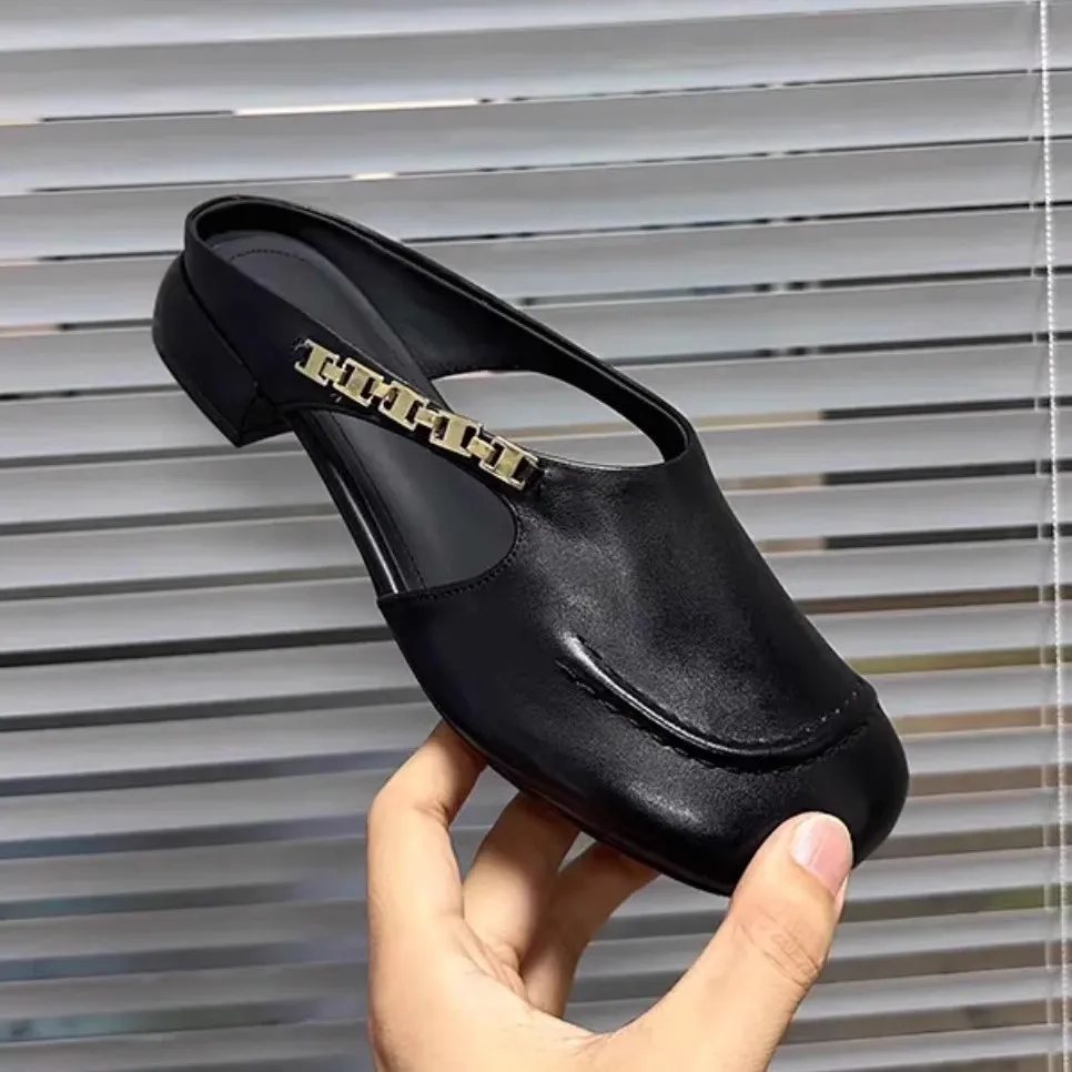 

Женские стильные мюли-лоферы из натуральной кожи с металлической пряжкой, на низком каблуке, без застежек, повседневные туфли для вождения