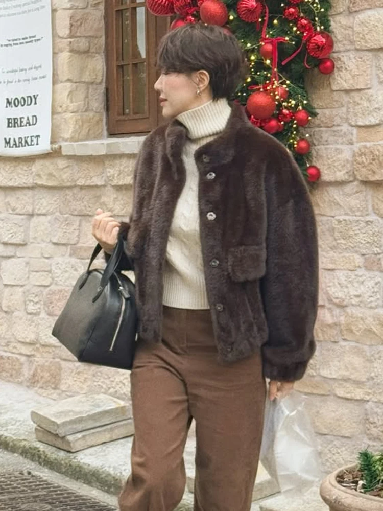 Abrigo de piel con cuello levantado y una hilera de botones para mujer, Chaqueta corta holgada de terciopelo de manga larga con cremallera, tops para mujer