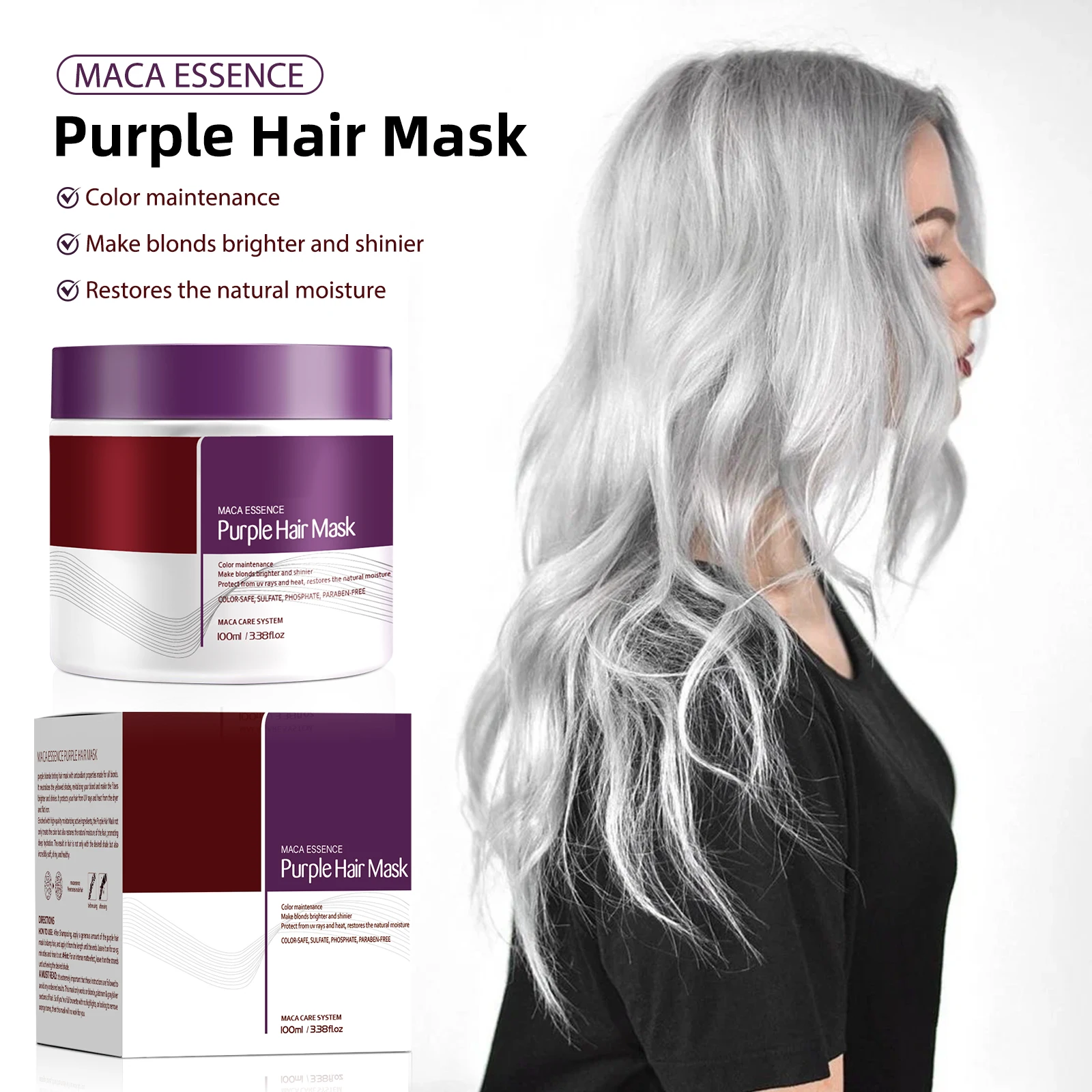 

Purple Hair Mask Blonde Silver Gray Hair Neutralize Brassiness Yellow Moisturizing Repair Vibrant Color 100ml