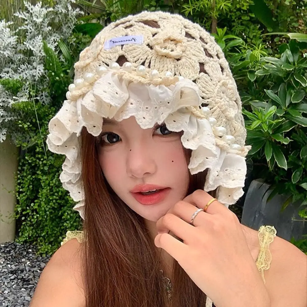 Pearl Tassels Crochet Flower Knitted Hat Bohemian Style Thin Lace Beanies Hollow Out Korean Ethnic Style Hat Apparel Accessories