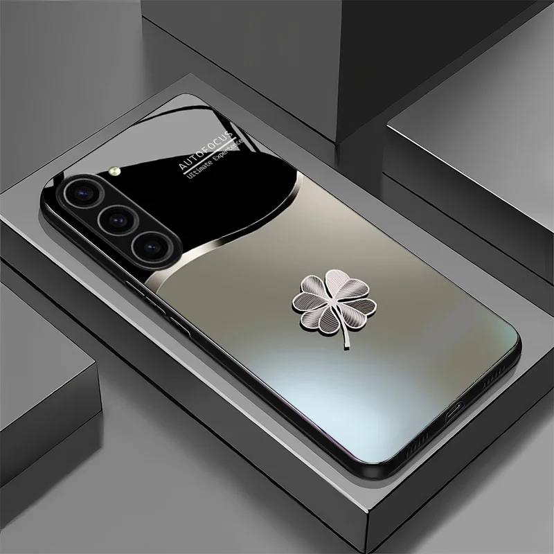 Simple grey four-leaf clover pattern glass phone case for Samsung Galaxy S26 S25 S24 S23 S22 S20 FE/Ultra/Plus anti drop Cover