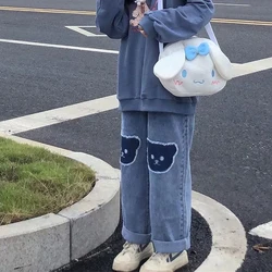 MEXZT Harajuku Women Korean Bear Jeans Cute Print Denim Wide Leg Pants Kawaii Y2K Hip Hop High Waist Straight Baggy Trousers New