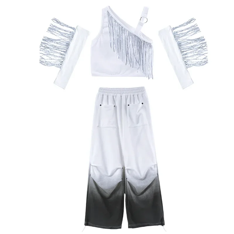 Abbigliamento Hip Hop per bambini Felpa con cappuccio bianca effetto consumato Canotta con frange Pantaloni larghi casual sfumati Pantaloncini per abiti da ballo jazz per ragazza