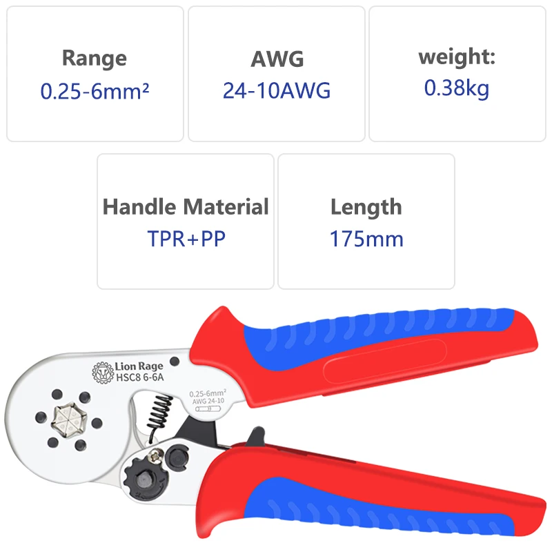 Suitable for AWG24-10 (0.25-6mm ²) Hexagonal crimping tool ferrule terminal tool pliers HSC8 6-6F self-adjusting ratchet crimper